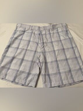 Light Plaid Cotton Shorts in White and Navy and Purple Striping